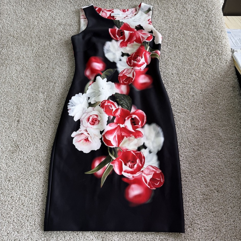 Calvin Klein Dress Womens 6 Black Floral Sleeveless Sheath Knee Length Party